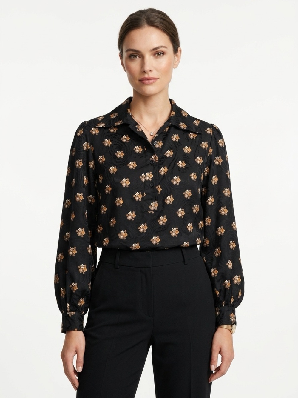 Yves Saint Laurent Smock Blouse Vintage Floral Silk Jacquard Black 38